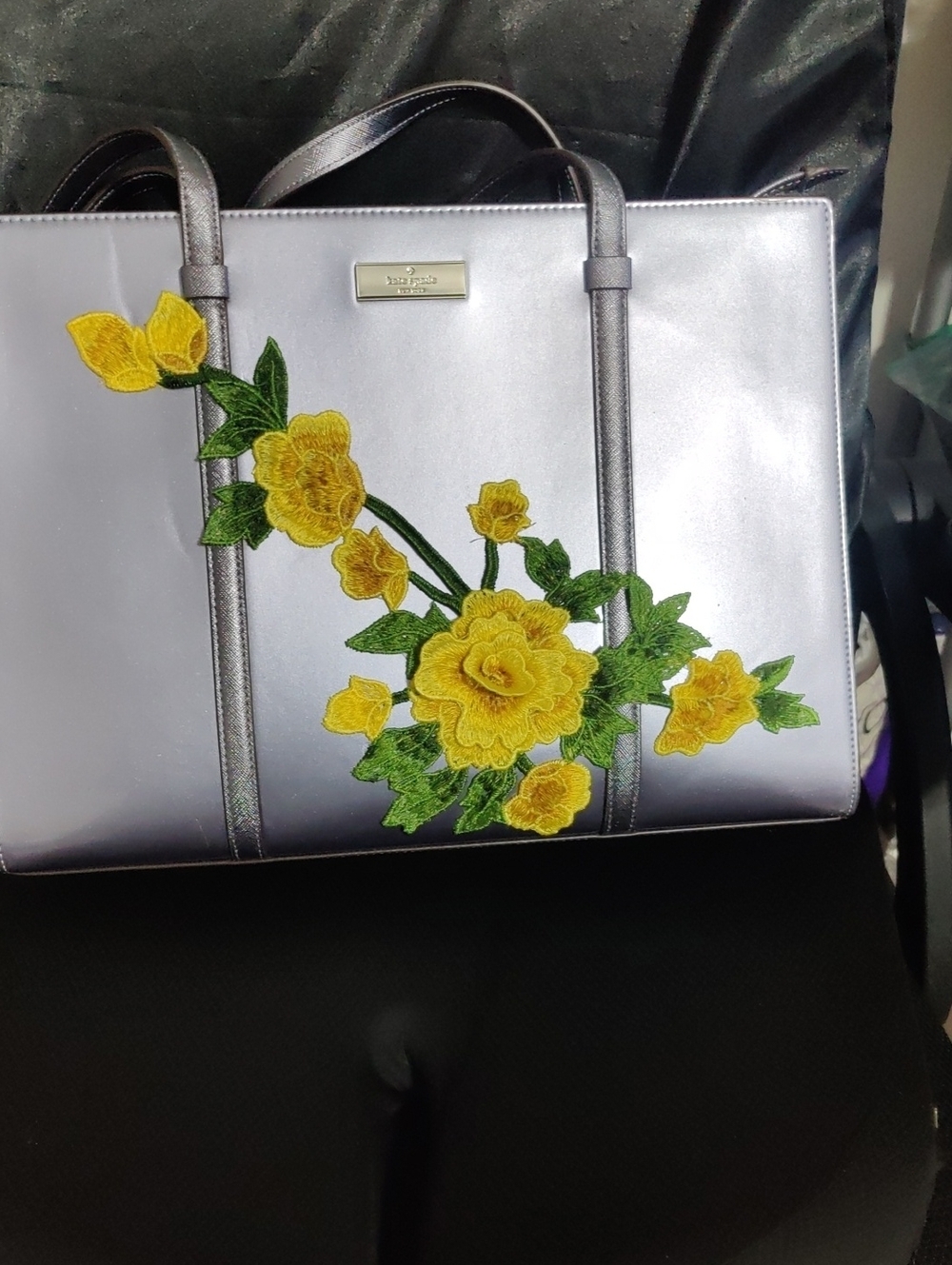 Kate Spade Lilac‑Silver Tote with Yellow Floral Appliqué • Chic & Rare